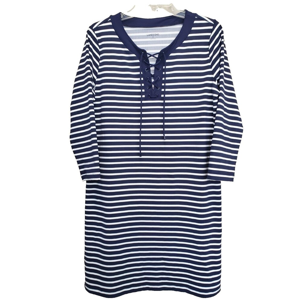 Lands' End Scuba Knit Blue Striped Lace-Up Neckline Shift Dress/Swim Cover-Up M